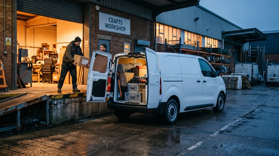 Immagine generata con IA: Weißer Elektro-Transporter mit geöffneten Hecktüren und Werkzeugkisten an einer Laderampe — Symbolbild, KI-Bild