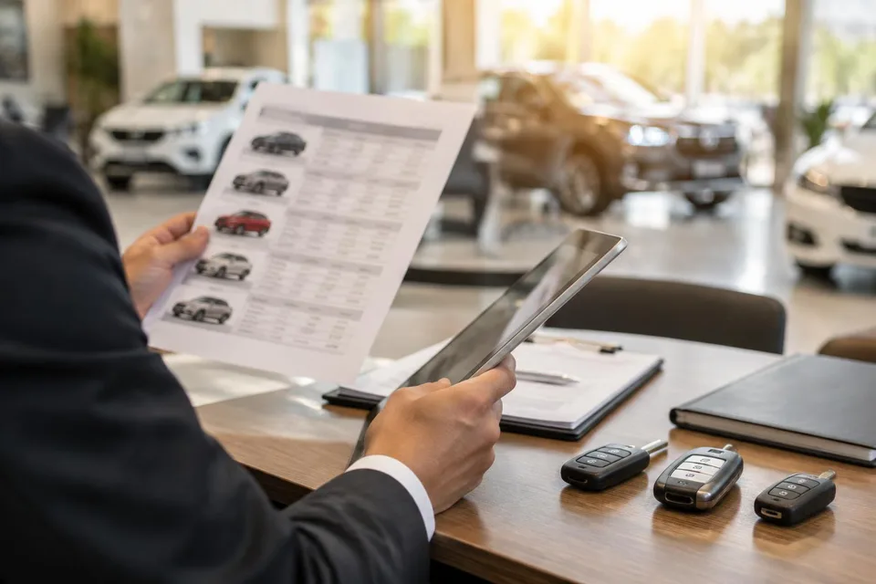 Imagine generată de AI: Hände halten eine gedruckte Fahrzeugliste und ein Tablet, Autoschlüssel auf dem Tisch, KI-Bild