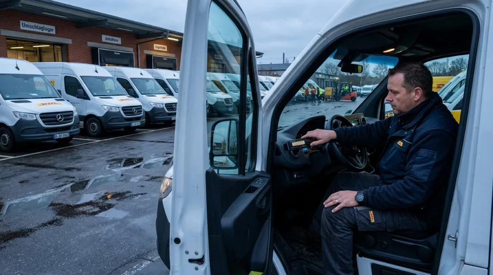 Immagine generata con IA: Weisse Lieferwagen-Flotte im Logistikdepot bei Daemmerlicht, Fahrer bedient digitalen Tachografen — Symbolbild, KI-Bild