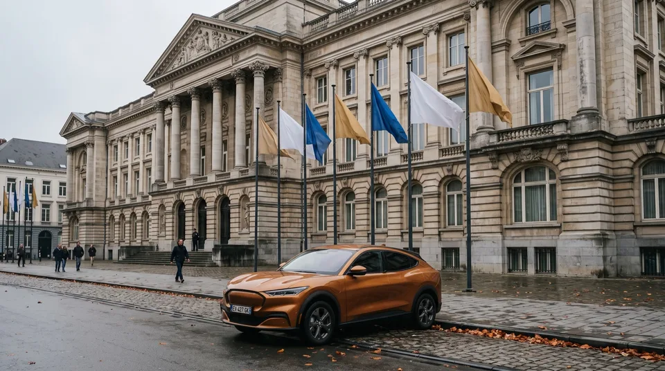 Immagine generata con IA: Regierungsgebäude mit Flaggengalerie und geparktem Elektroauto — Symbolbild, KI-Bild