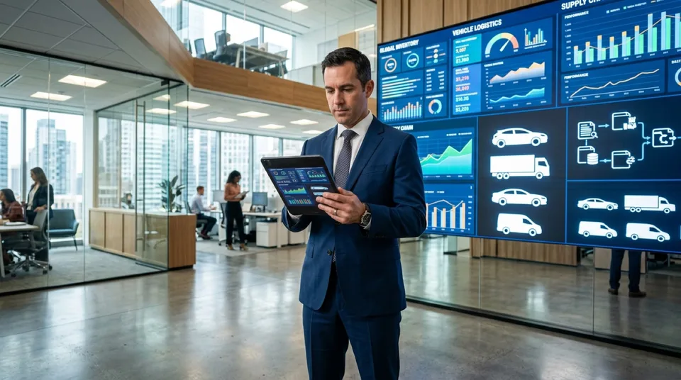 Immagine generata con IA: Geschaeftsmann mit Tablet vor digitalen Bestandsdashboards in modernem Buero — Symbolbild, KI-Bild