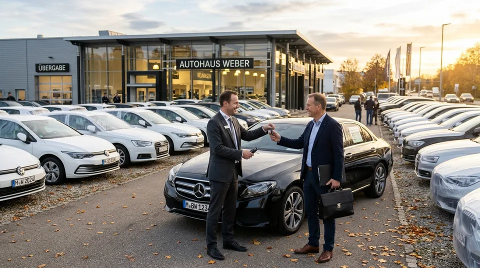 Immagine generata con IA: Fahrzeugübergabe auf deutschem Neuwagen-Händlerhof im Herbst, KI-Bild