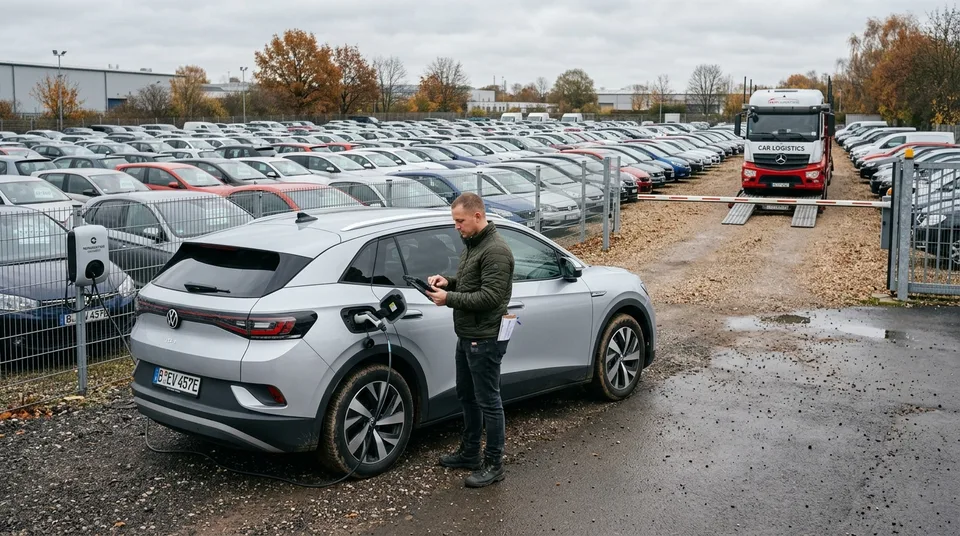Immagine generata con IA: Elektro-SUV auf B2B-Fahrzeughandel mit Händler und Tablet, KI-Bild