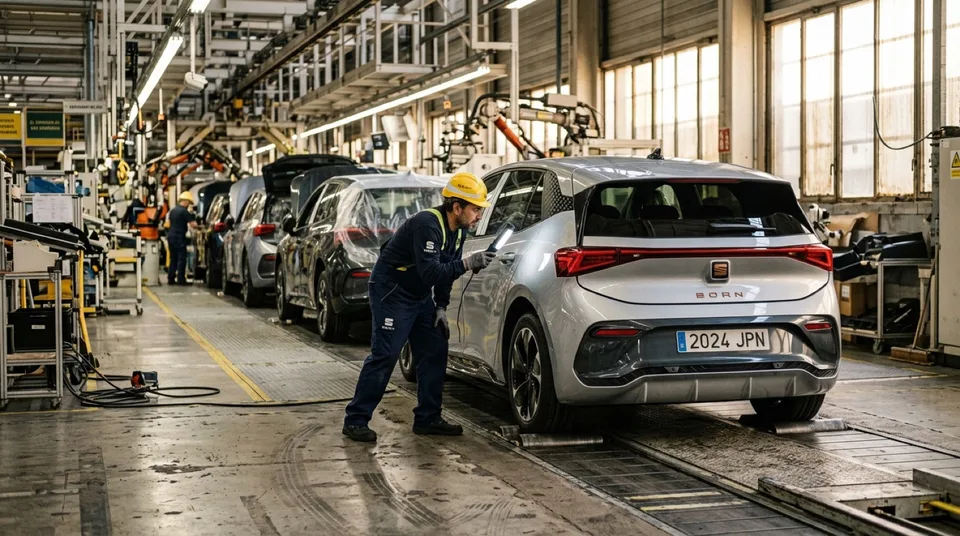 Obraz wygenerowany przez AI: Werker prueft ein fabrikneues E-SUV am Bandende einer europaeischen Fabrik — Symbolbild, KI-Bild