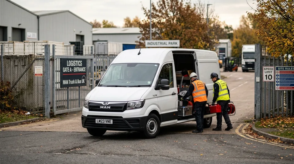 Immagine generata con IA: Weißer MAN TGE am Logistik-Tor mit zwei Arbeitern in Warnwesten, KI-Bild