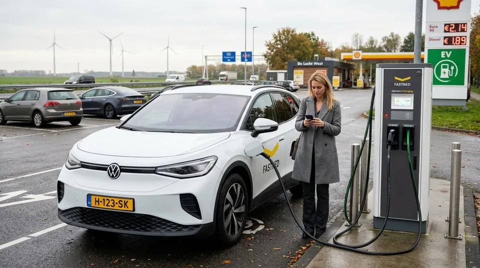 Immagine generata con IA: Elektroauto B2B: Weißes E-SUV an öffentlicher Schnellladesäule, wartende Fahrerin — Symbolbild, KI-Bild