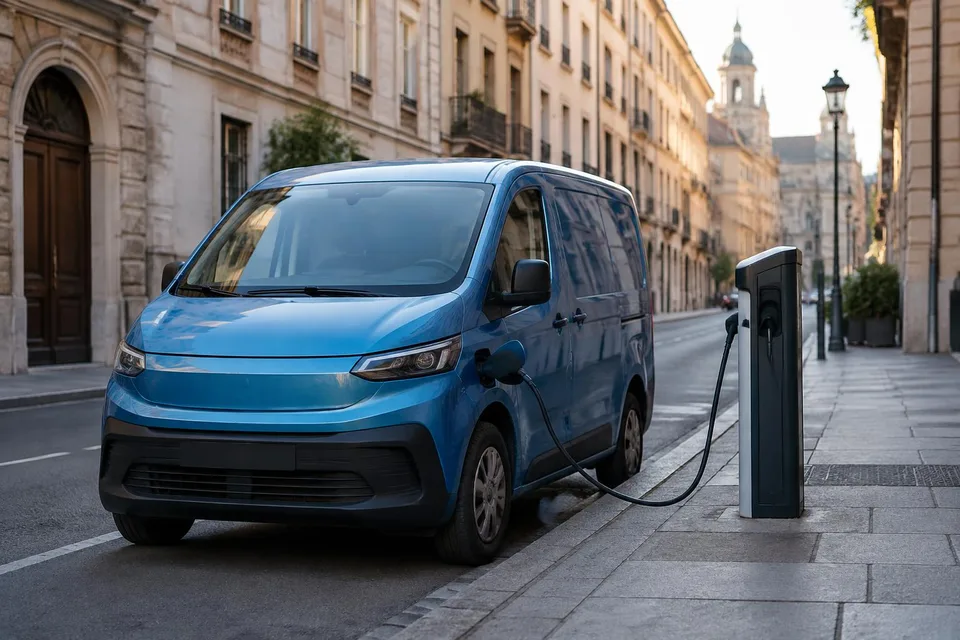 Imagine generată de AI: Blauer elektrischer Stadtlieferwagen an einer Ladesäule in einer Altstadtstraße, KI-Bild