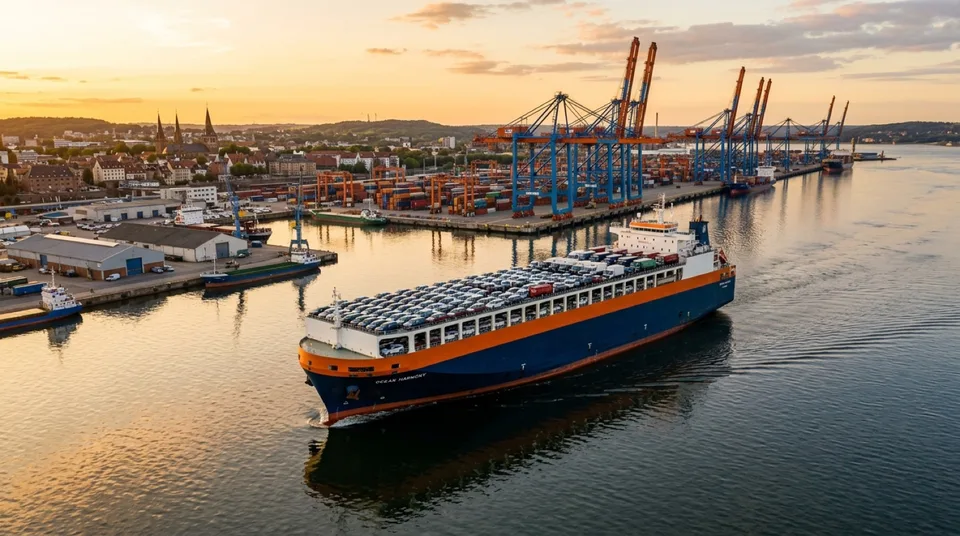 Immagine generata con IA: Beladener Autotransporter verlässt bei Abendlicht einen europäischen Hafen — Symbolbild, KI-Bild