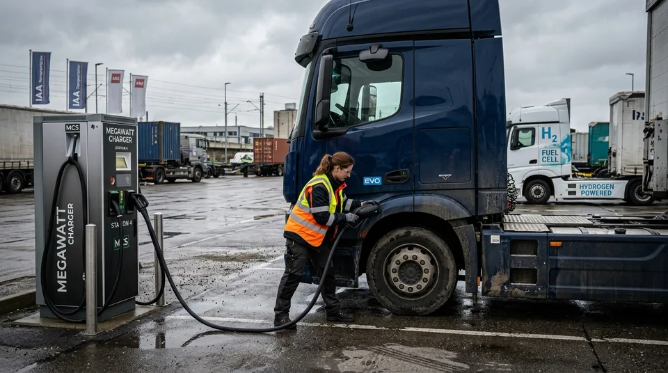 Immagine generata con IA: Transporter Großhandel: Blauer Elektro-Lkw am Megawatt-Ladepark, Techniker verbindet Ladekabel — Symbol, KI-Bild