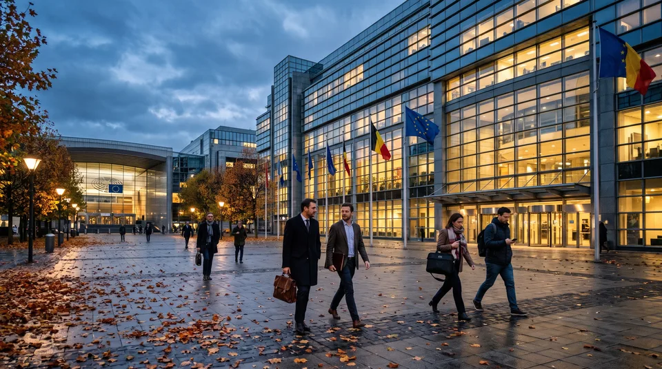 Immagine generata con IA: B2B Fahrzeugmarkt: Europäisches Parlamentsgebäude bei Abenddämmerung, Personen mit Aktentaschen auf dem Vorplatz — Symbol, KI-Bild