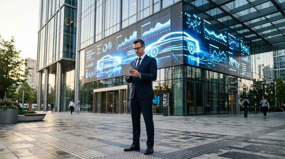 Immagine generata con IA: Geschaeftsmann mit Tablet vor modernem Glastrabuer mit abstrakten Fahrzeug-Grafiken — Symbolbild, KI-Bild