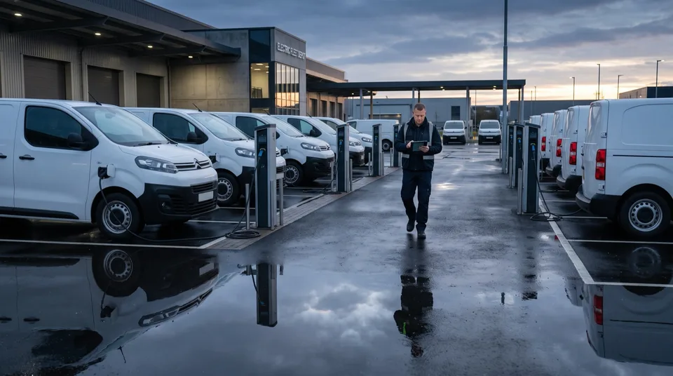Immagine generata con IA: Elektrische Transporter einer Gewerbeflotte an Ladestationen im Depot — Symbolbild, KI-Bild