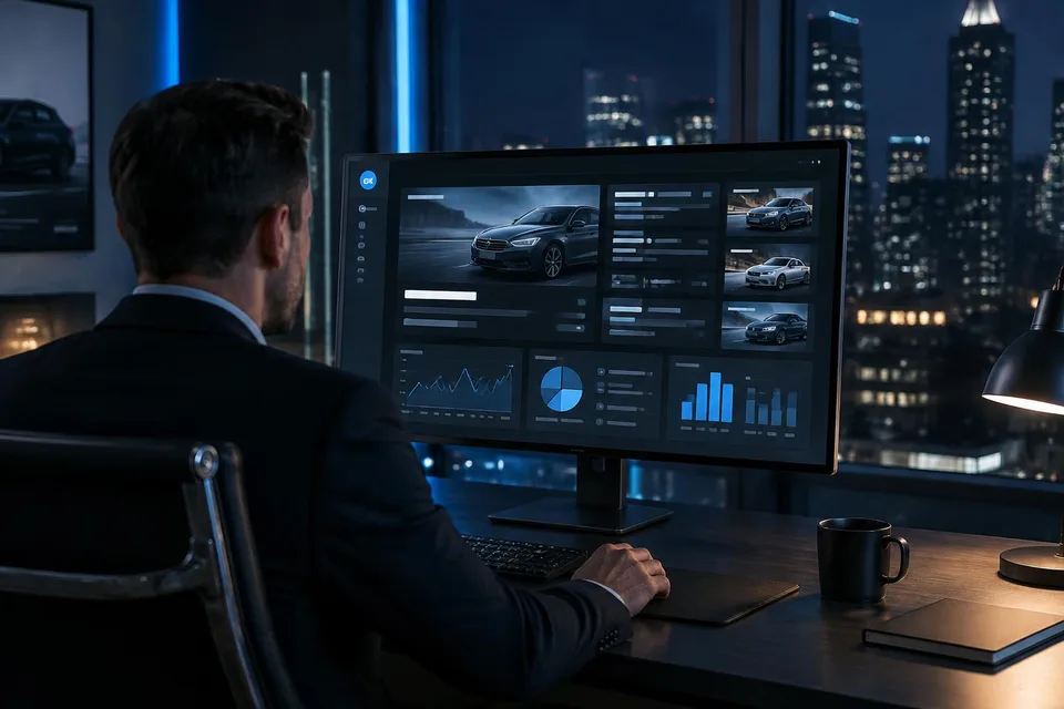 Imagine generată de AI: B2B-Fahrzeughändler am Bildschirm mit Nachrichten-Übersicht in einem dunklen Büro, KI-Bild