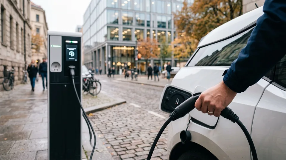 Immagine generata con IA: Weißes Elektroauto lädt an einer öffentlichen Ladestation in einer europäischen Stadt, Hand am Ladeconnector — Symbolbild, KI-Bild