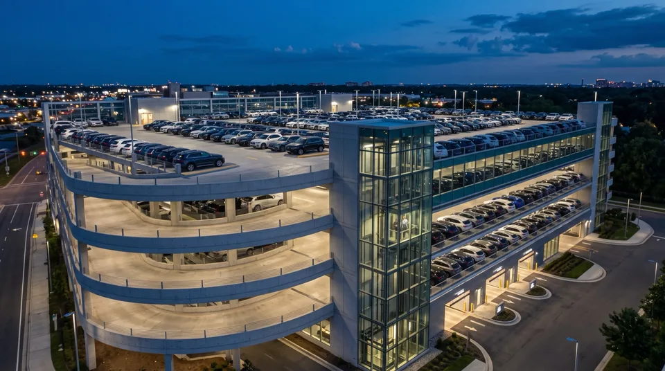 Immagine generata con IA: Moderne mehrstöckige Autoparkanlage mit Reihen neuer SUV bei blauer Stunde — Symbolbild, KI-Bild