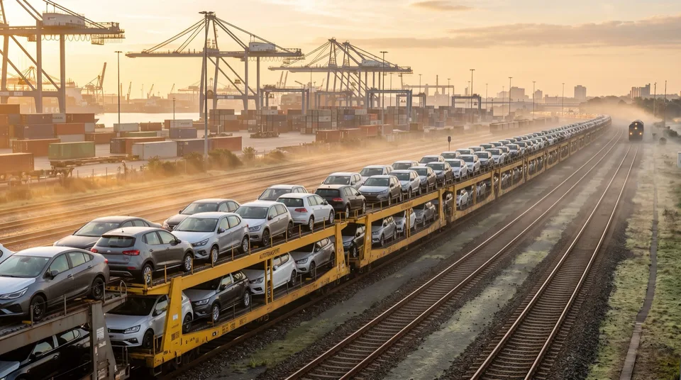 AI-generated image: Doppelstöckige Autotransportwagen am Güterterminal im Morgenlicht — Symbolbild, KI-Bild