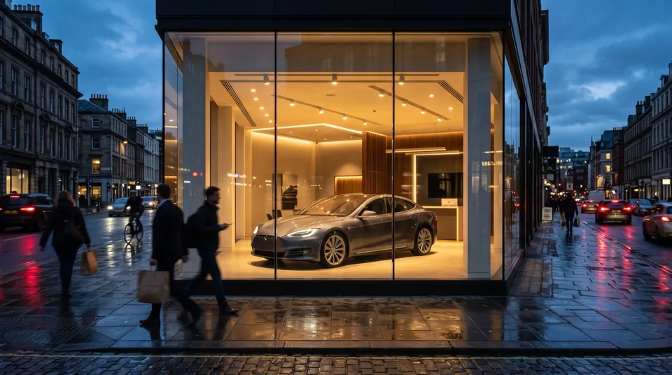 Immagine generata con IA: Beleuchtetes Autohaus-Schaufenster mit Elektro-Limousine am Abend — Symbolbild, KI-Bild