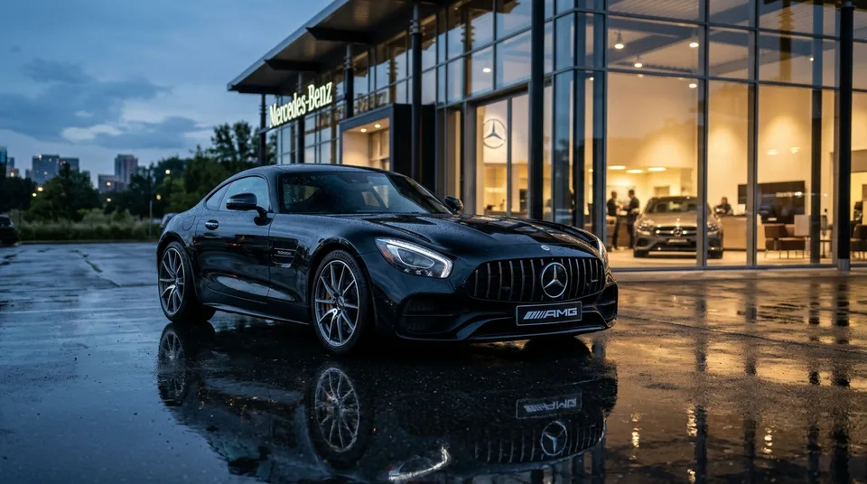 Immagine generata con IA: Mercedes-AMG GT vor Mercedes-Händler-Schaufenster bei Abendlicht, KI-Bild