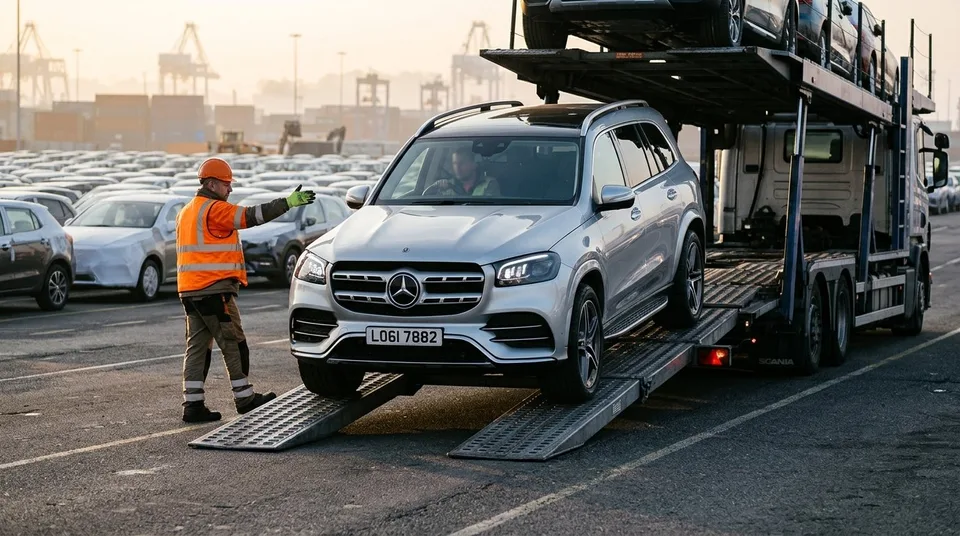 Immagine generata con IA: Neuwagen Großhandel: Premium-SUV fährt auf Autoverlader am Logistikterminal im Sonnenaufgang — Symbolbild, KI-Bild