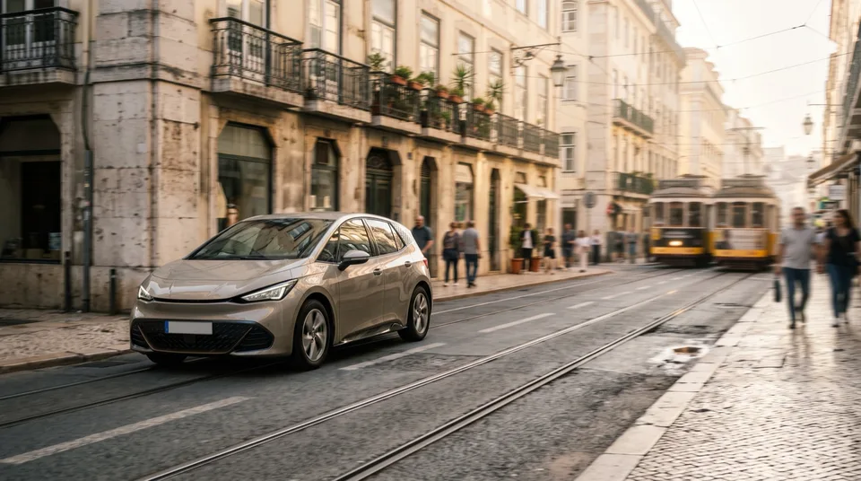 Obraz wygenerowany przez AI: Kompakt-Elektroauto auf einer südlichen Citystraße im sanften Morgenlicht — Symbolbild, KI-Bild