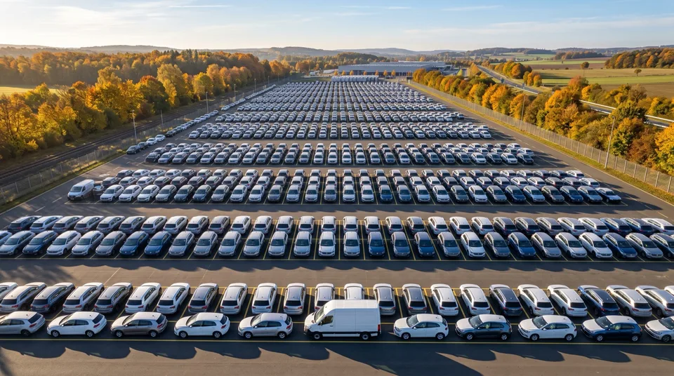 Immagine generata con IA: Luftbild eines großen Fahrzeug-Distributionshofs mit hunderten ordentlich geparkten Neuwagen im Herbstlicht — Symbolbild, KI-Bild