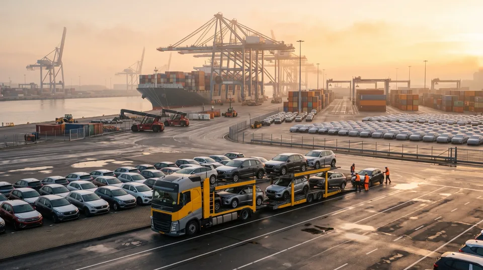 Obraz wygenerowany przez AI: Logistikhafen im Herbstnebel mit Fahrzeugtransporter und Kränen — Symbolbild, KI-Bild