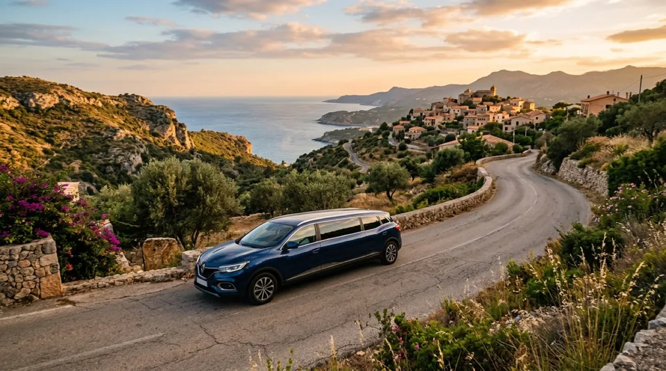 Obraz wygenerowany przez AI: Dunkelblaues Kompakt-SUV auf mediterraner Landstrasse bei Abendlicht — Symbolbild ohne Markenbezug, KI-Bild