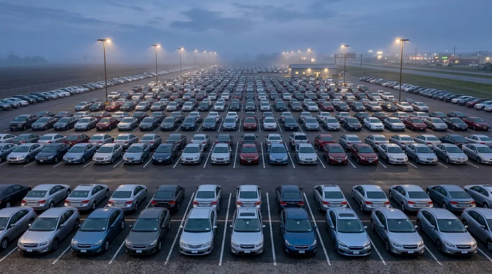 AI-generated image: Reihen gepflegter Gebrauchtwagen auf grossem Handelsplatz bei Abendlicht — Symbolbild, KI-Bild