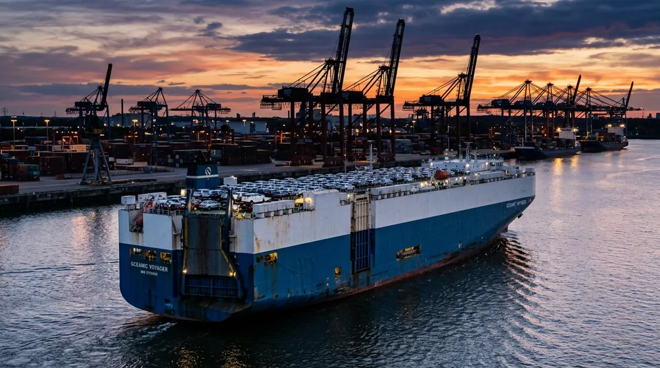 Immagine generata con IA: Beladenes Autotransport-Schiff im europäischen Hafen bei Sonnenuntergang, KI-Bild