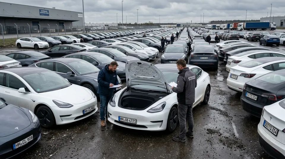 AI-generated image: Gebrauchtwagen Großhandel: Reihen gebrauchter Tesla Model 3 und Model Y auf Händler-Großhandelsyard, zwei Trader prüfen ein Fahrzeug — Symbol, KI-Bild