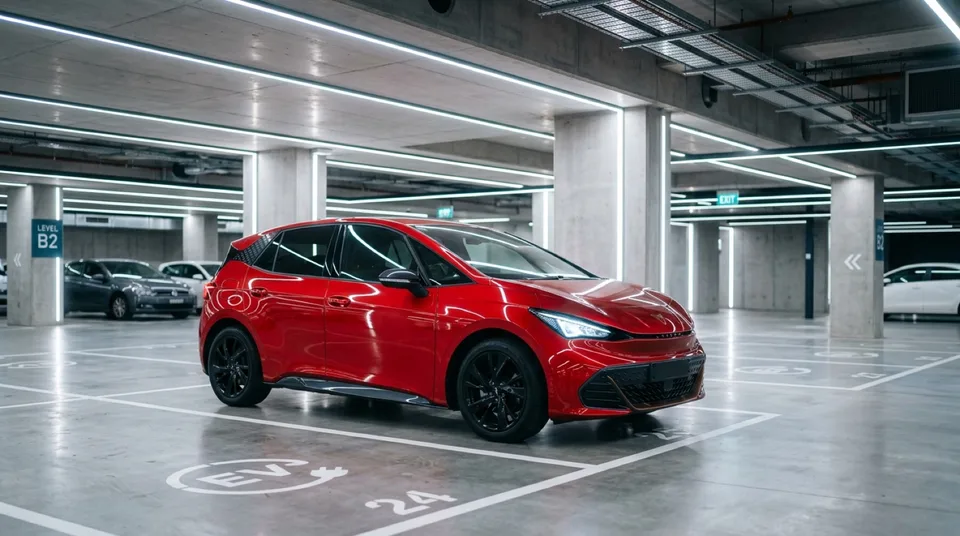 Immagine generata con IA: Sportliches rotes Kompakt-Elektroauto in moderner Tiefgarage mit LED-Lichtlinie — Symbolbild ohne Markenbezug, KI-Bild