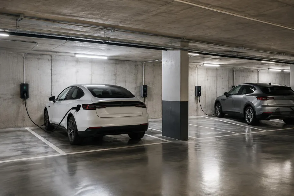 Imagine generată de AI: Tiefgarage eines Wohnhauses mit Wallboxen und zwei ladenden Elektroautos, KI-Bild
