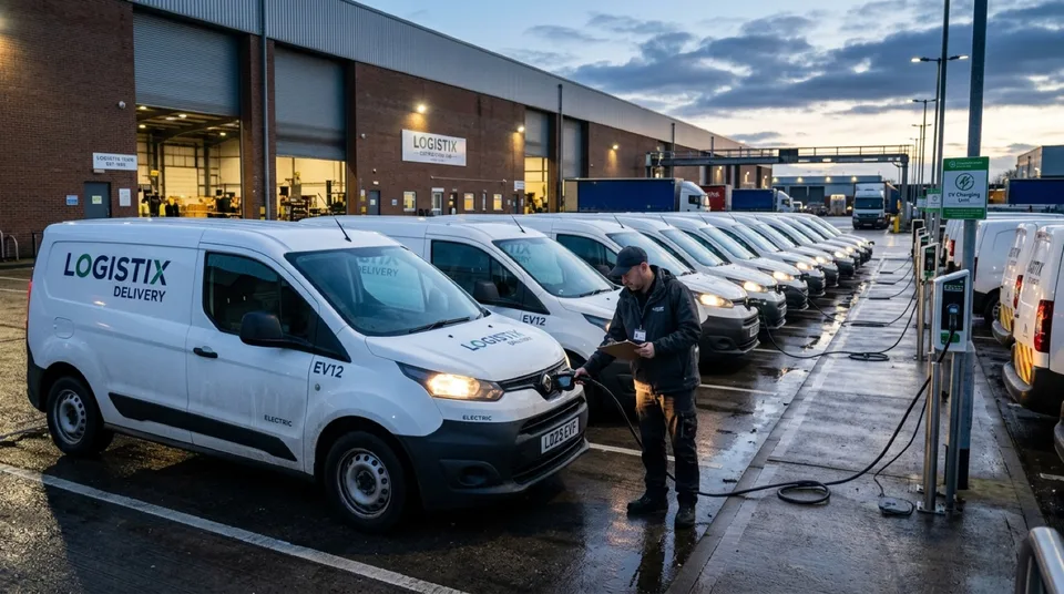 Immagine generata con IA: Elektro-Lieferwagen-Flotte im Logistikdepot in der Daemmerung, Flottenmanager mit Ladekabel — Symbolbild, KI-Bild