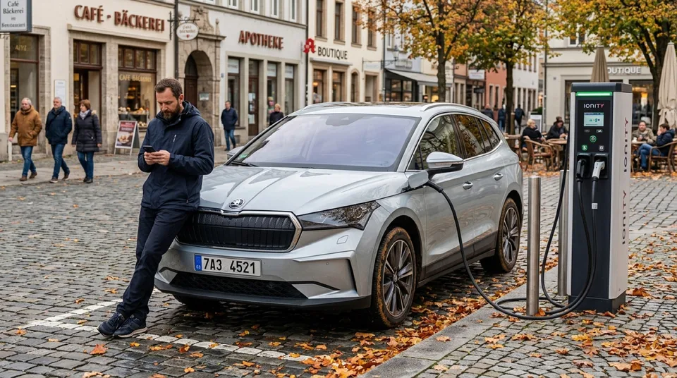 Immagine generata con IA: E-SUV an oeffentlicher Schnellladestation auf herbstlichem europaeischem Stadtplatz — Symbolbild, KI-Bild