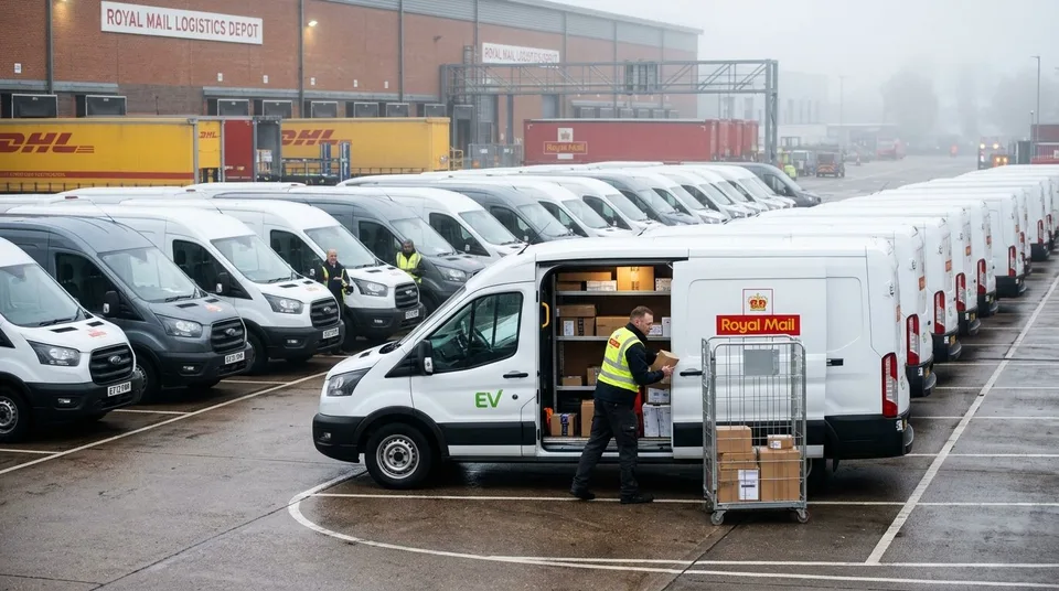 Immagine generata con IA: Transporter Großhandel: Elektrische Lieferwagen auf einem Post-Logistikhof im Morgenlicht — Symbolbild, KI-Bild