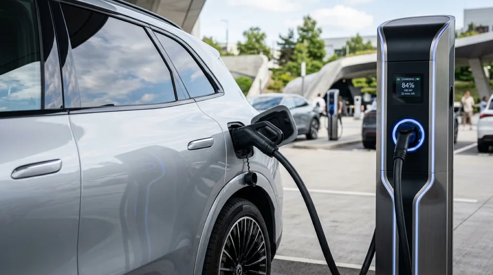 Immagine generata con IA: Silbernes Elektro-SUV an einer Ultra-Schnellladestation mit dickem Ladekabel — Symbolbild, KI-Bild