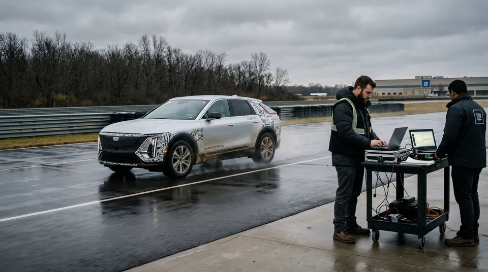 Obraz wygenerowany przez AI: EU Neuwagen: Silberner GM-Elektro-SUV auf nasser Teststrecke vor Ingenieuren mit Messstation — Symbol, KI-Bild