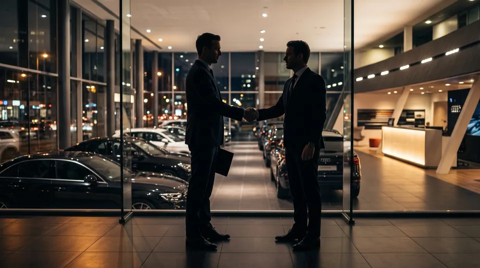 AI-generated image: Handschlag zweier Geschäftspartner vor beleuchtetem Autohaus mit Neuwagen im Hintergrund — Symbolbild, KI-Bild
