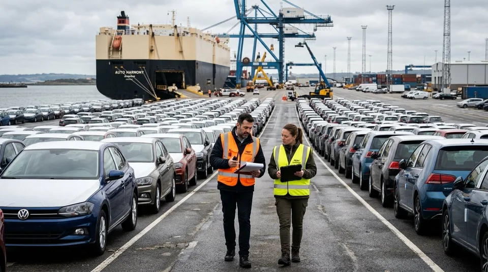 Immagine generata con IA: B2B Fahrzeugmarkt: Logistikmanager prüfen auf einem europäischen Import-Terminal neu angelieferte Fahrzeuge — Symbolbild, KI-Bild