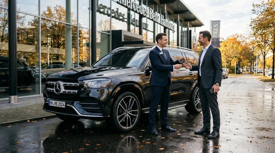 Immagine generata con IA: Mercedes Junge Sterne: Schwarzer GLS vor einem Autohaus, Schlüsselübergabe an einen Händler — Symbolbild, KI-Bild