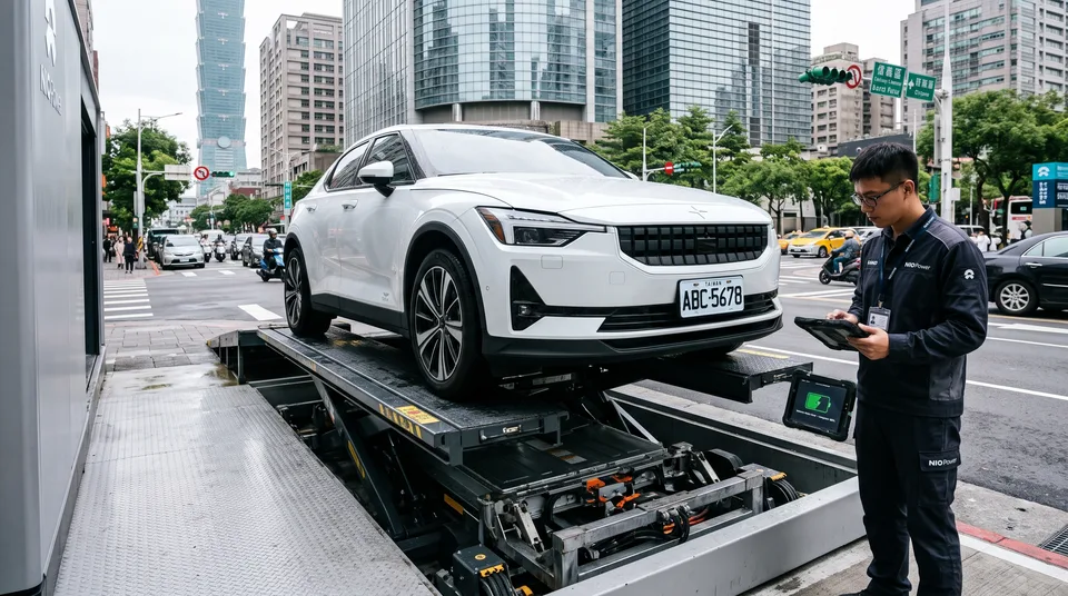 Immagine generata con IA: E-Fahrzeuge Grosshandel: Kompakt-Elektroauto an automatischer Batteriewechselstation, Techniker mit Tablet im urbanen Umfeld — Symbol, KI-Bild